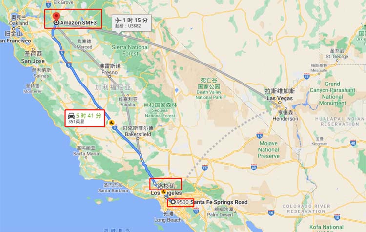 纽酷美西海外仓过去SMF3需要5小时41分钟车程
